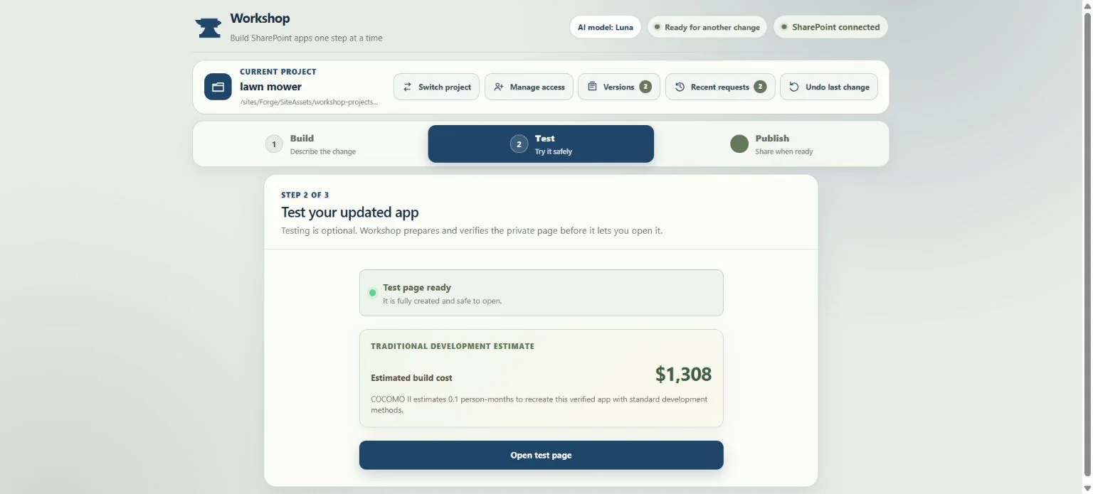 Workshop Test screen showing a private test page is ready