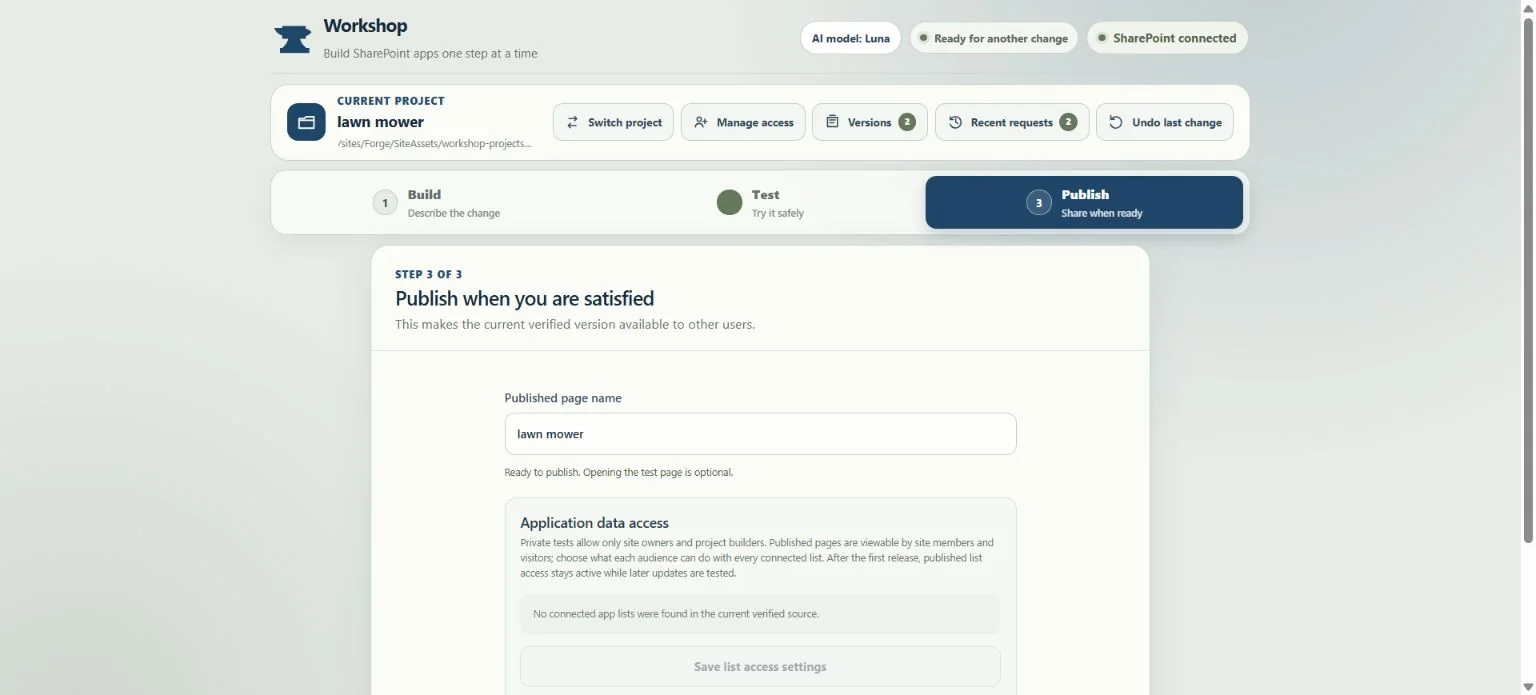 Workshop Publish screen with release and data access controls