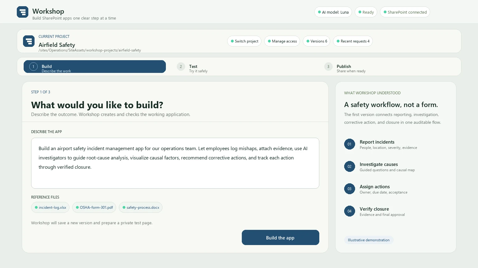 Workshop Build screen describing an airport safety incident management application