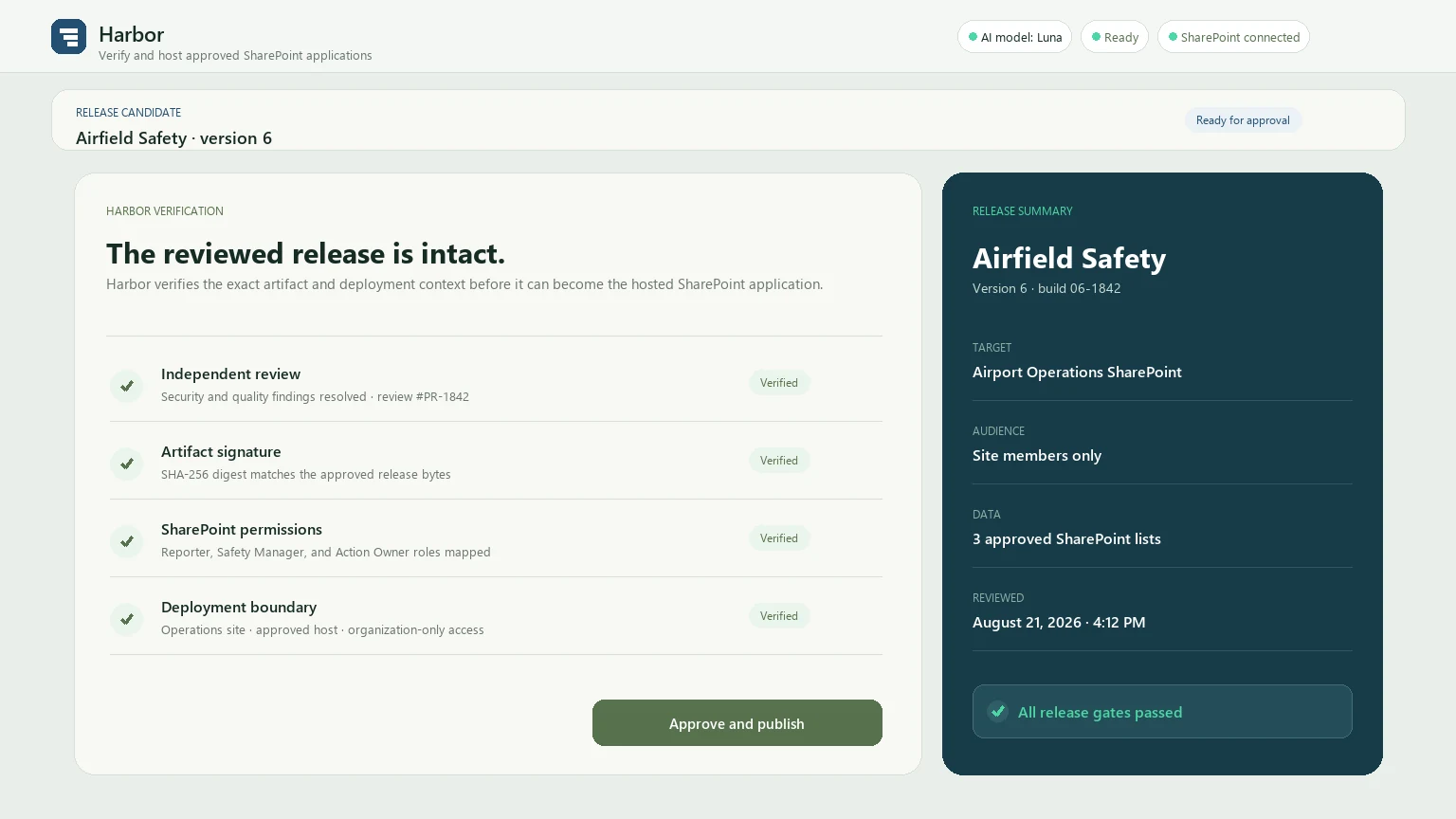 Harbor release verification screen for the Airfield Safety application